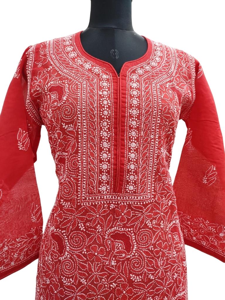 Red Iyana Kota Cotton Chikankari Straight Kurti - TheChikanLabel | Lucknow Chikankari  Kurtis & Suits